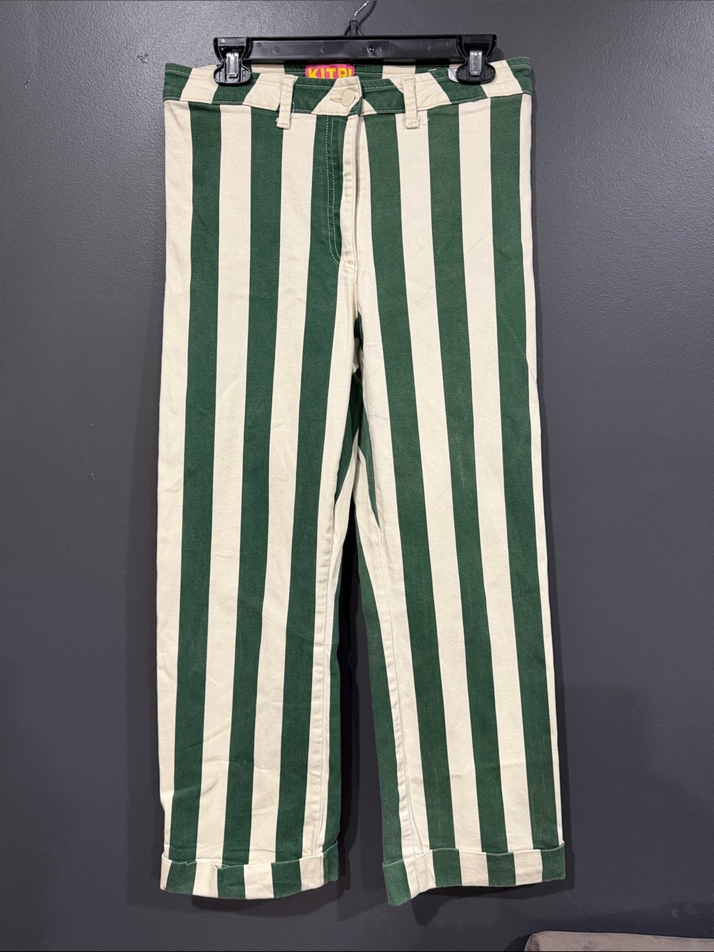 KITRI x Jessie Bush  Green and Cream Striped Casual Pants